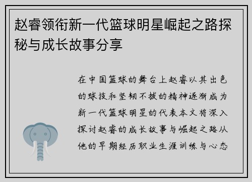 赵睿领衔新一代篮球明星崛起之路探秘与成长故事分享